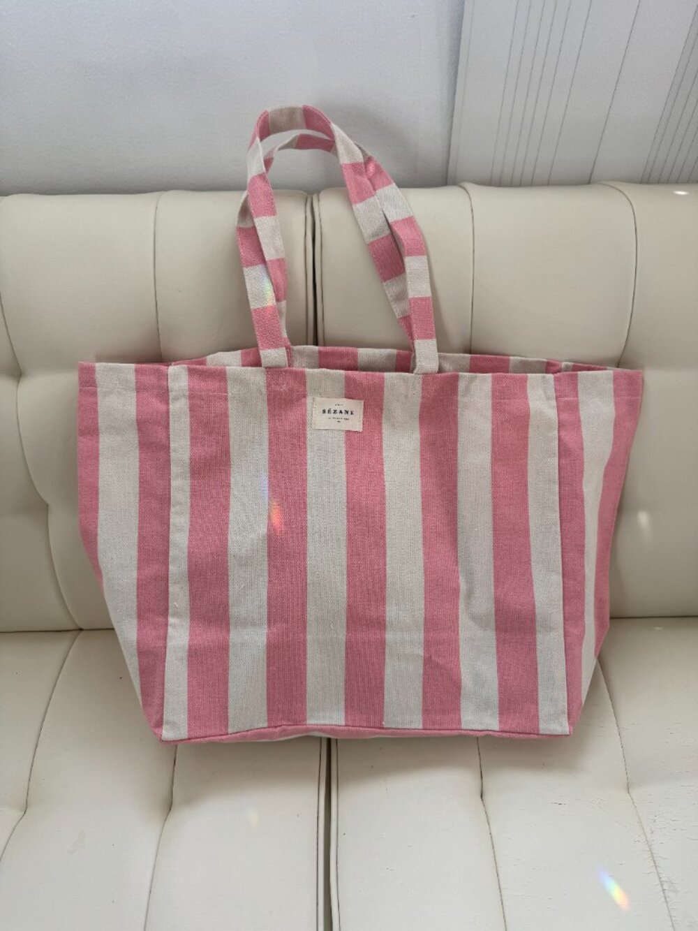 Sézane limited edition large striped beach tote bag light ballerina pink NWOT